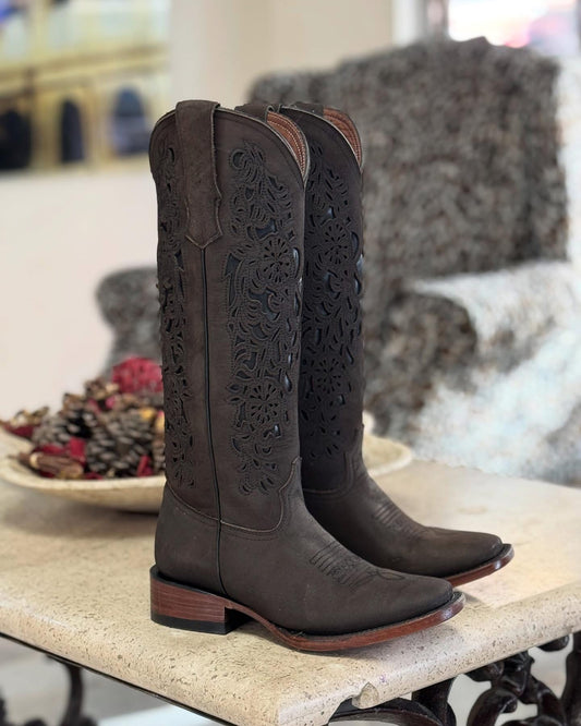 BOTA PUNTA CUADRADA EN PIEL ORIGINAL Y TUBO A LAZZER